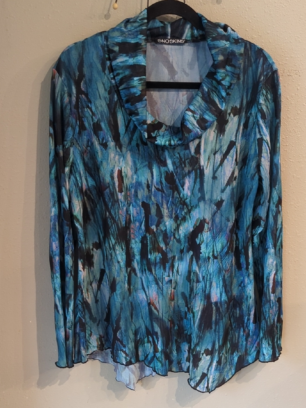 Snoskins Baselayer XL Asymmetrical Women's Print Art To Wear Sheer Cowl neck